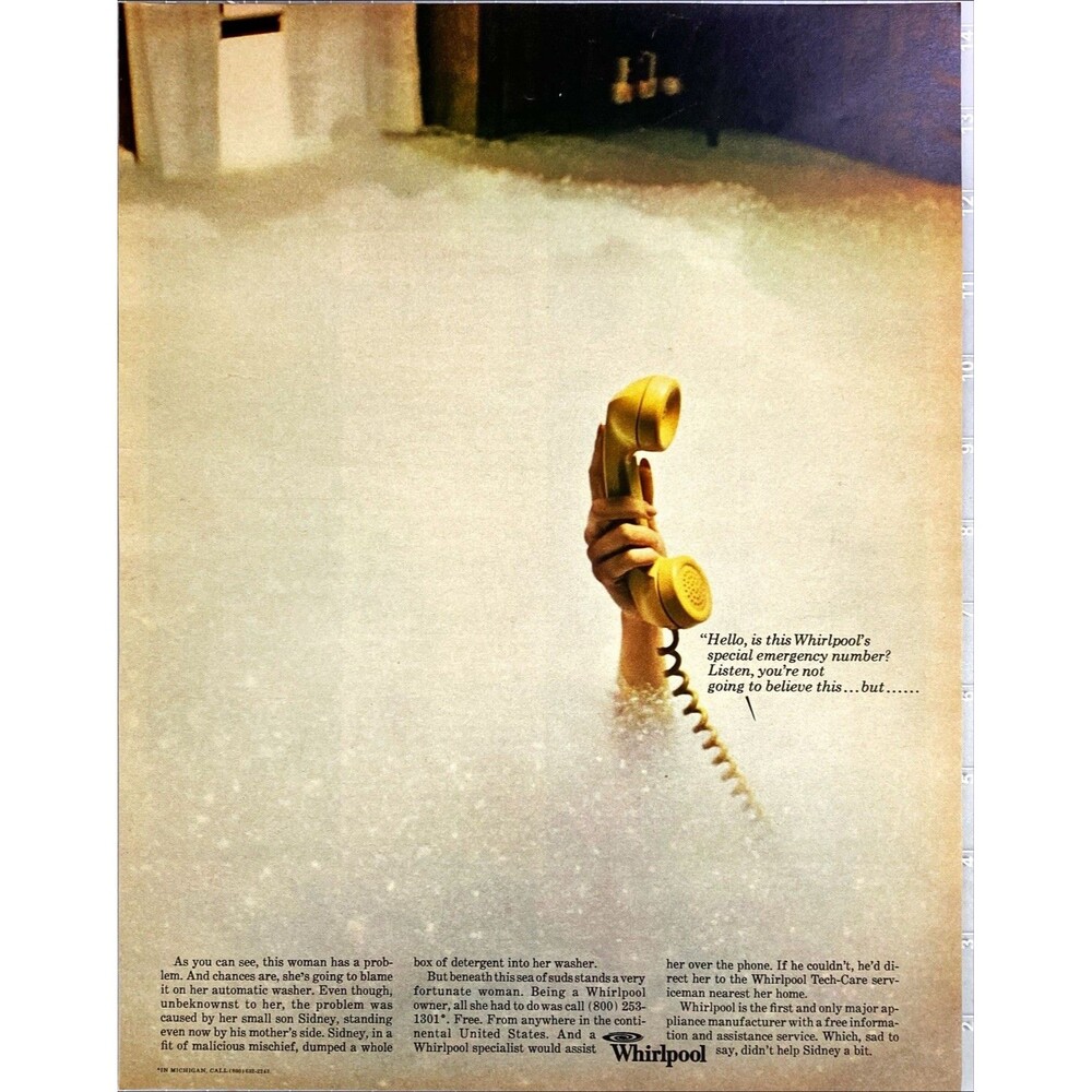 Whirlpool Dish Washer "First Free Info and Assistance Service" Vtg Print Ad 1968